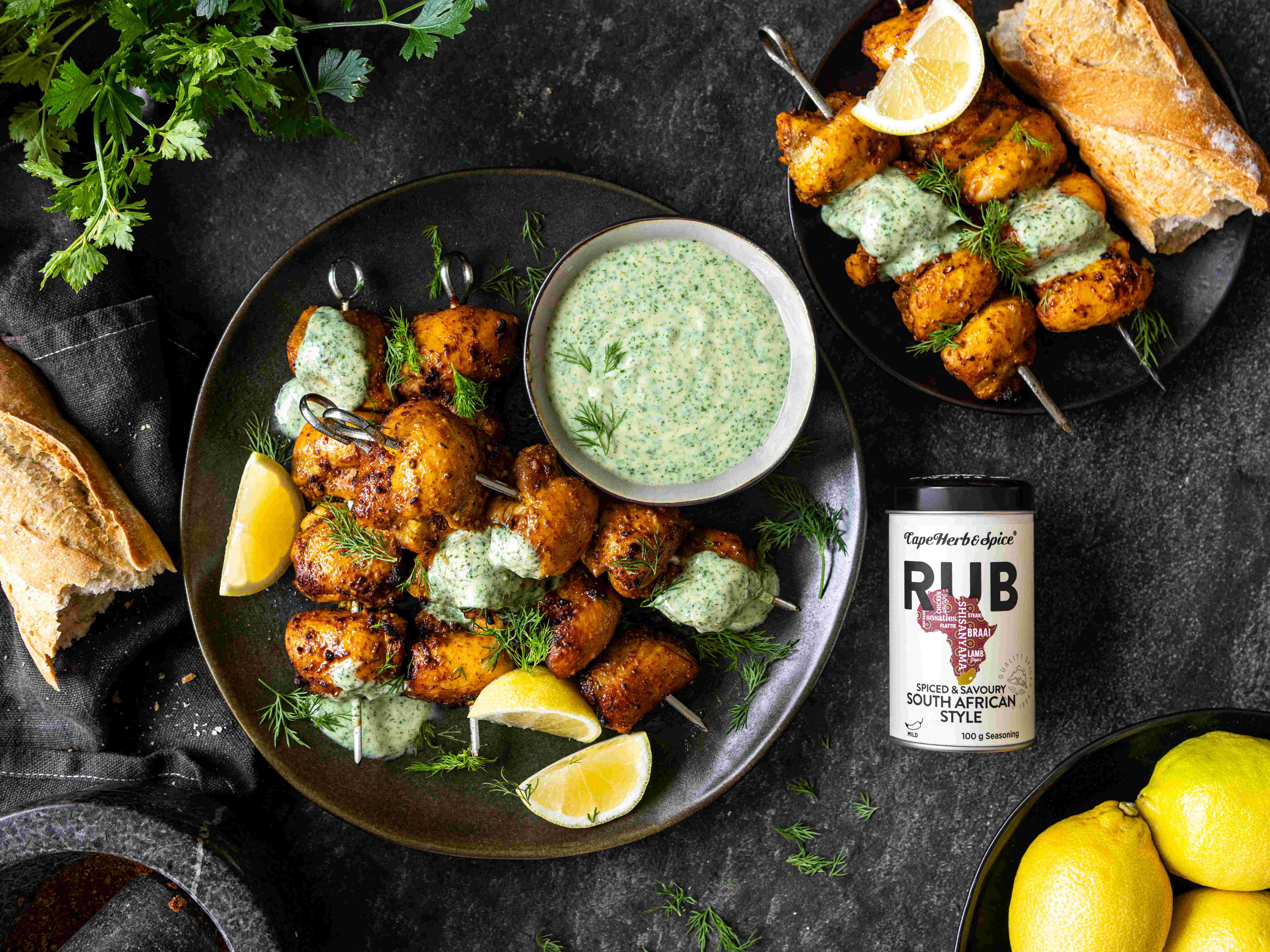 Air Fried Chicken Sosaties with Lemon & Herb Dip
